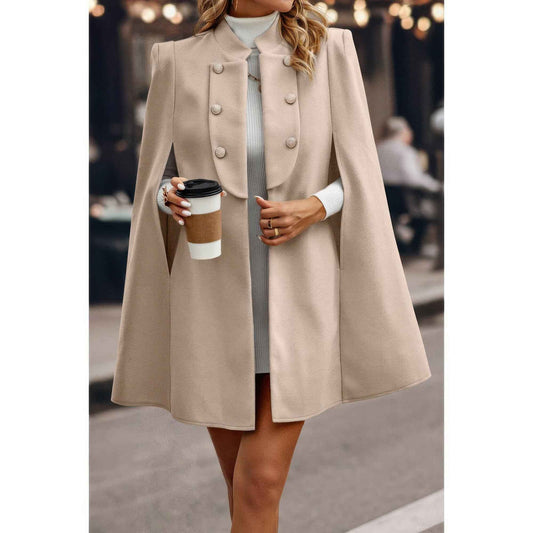 Solid Cloak Sleeve Double Breasted Cape Coat