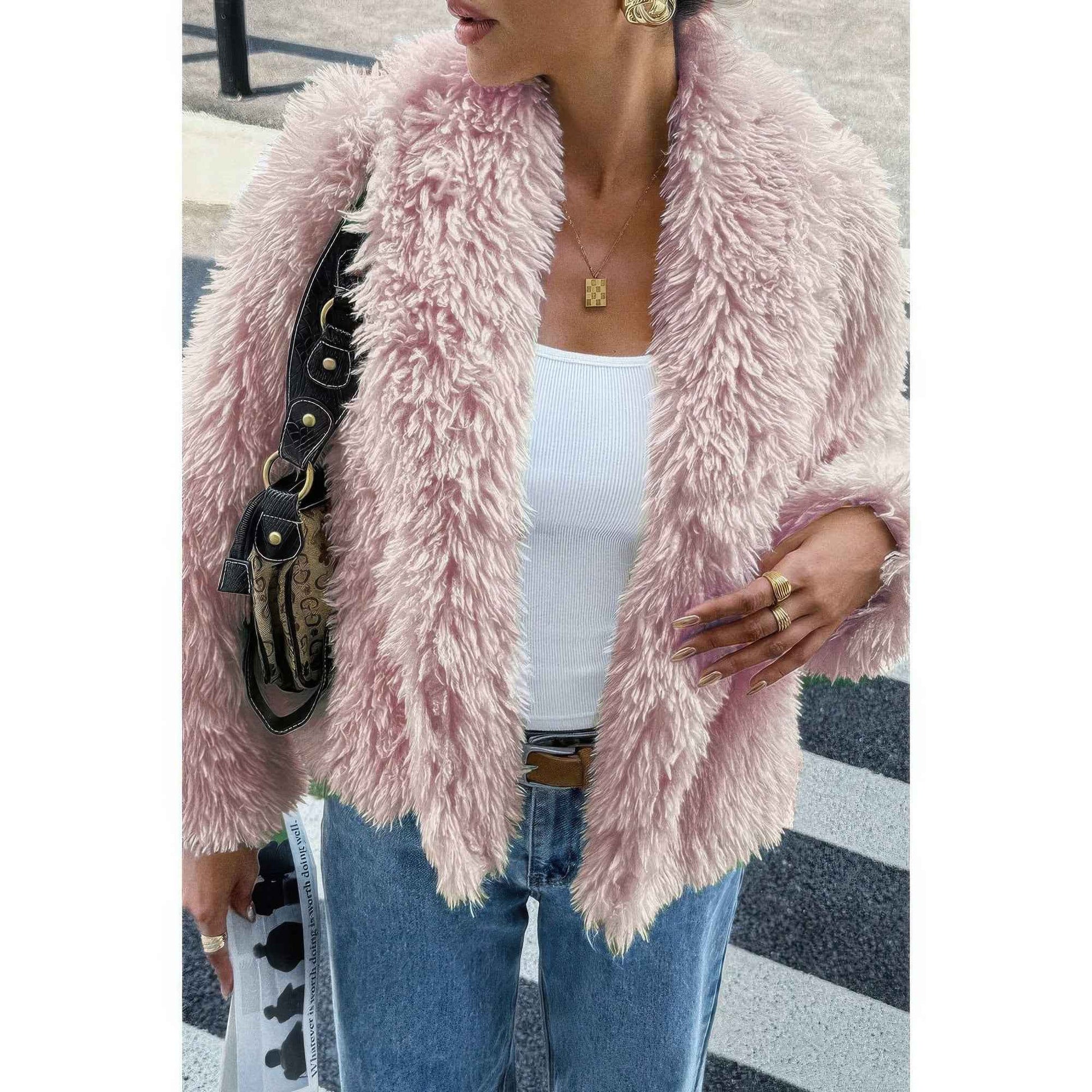 Solid Long Sleeves Elegant Faux Fur Jacket