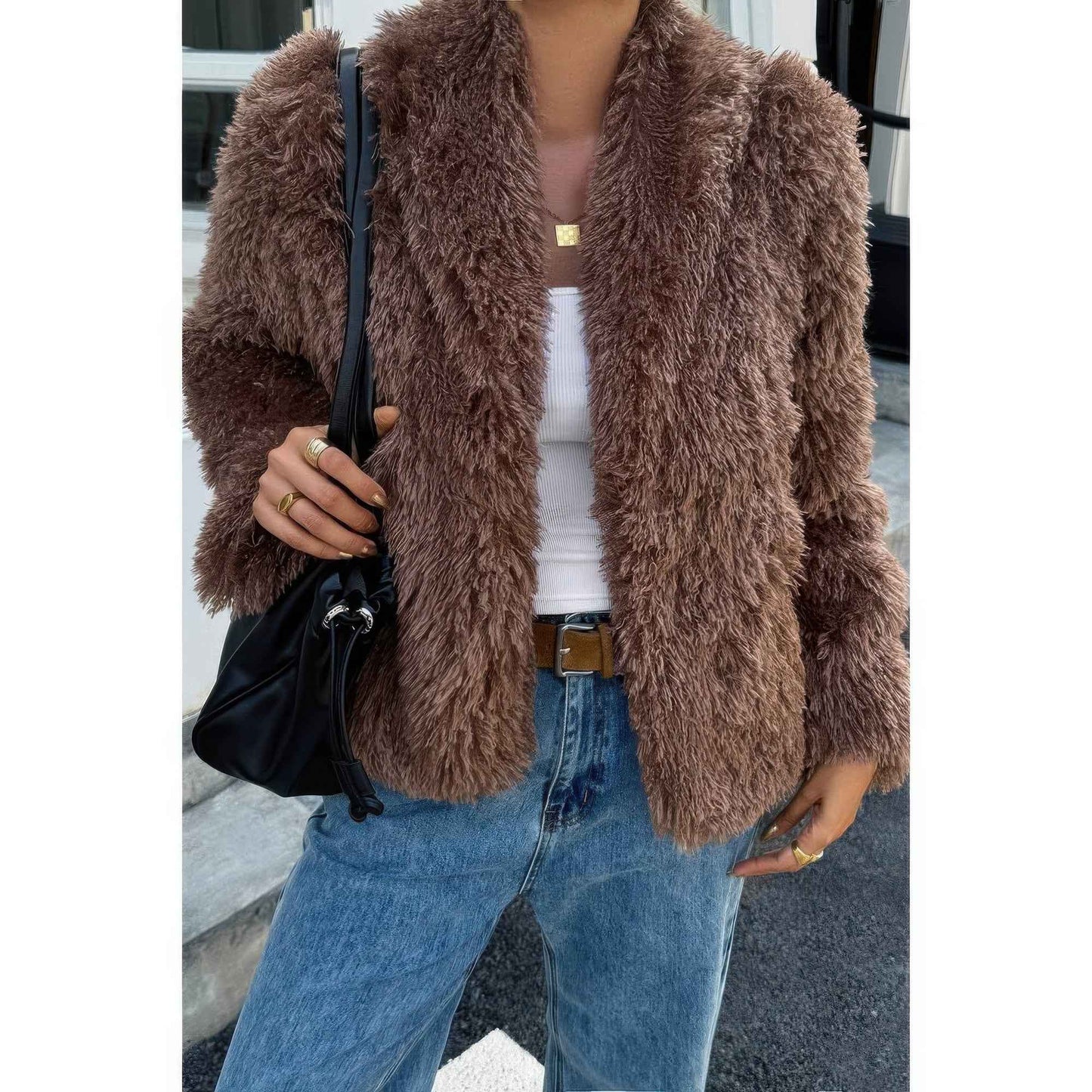 Solid Long Sleeves Elegant Faux Fur Jacket