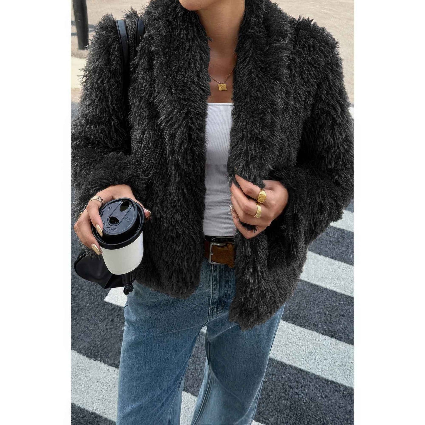 Solid Long Sleeves Elegant Faux Fur Jacket