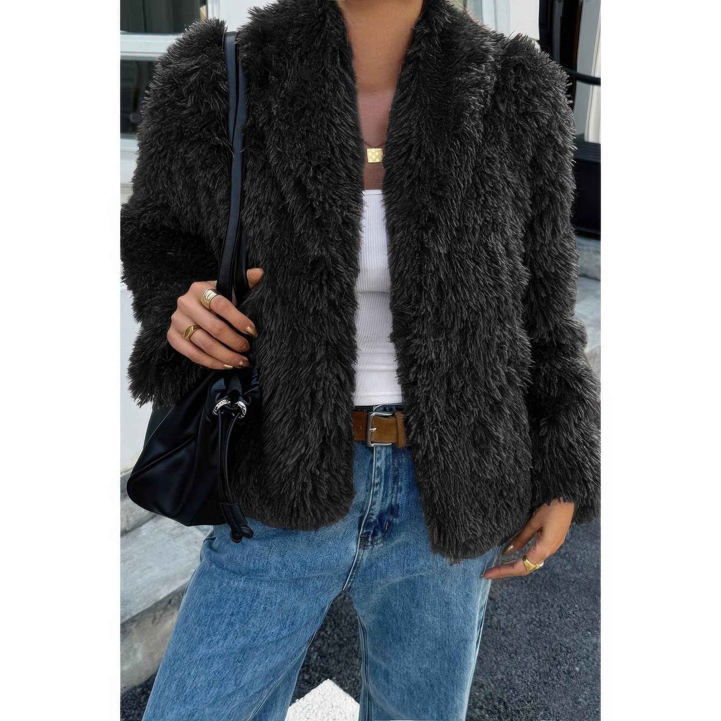 Solid Long Sleeves Elegant Faux Fur Jacket