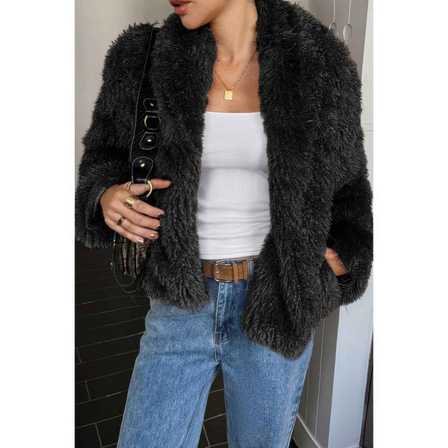 Solid Long Sleeves Elegant Faux Fur Jacket