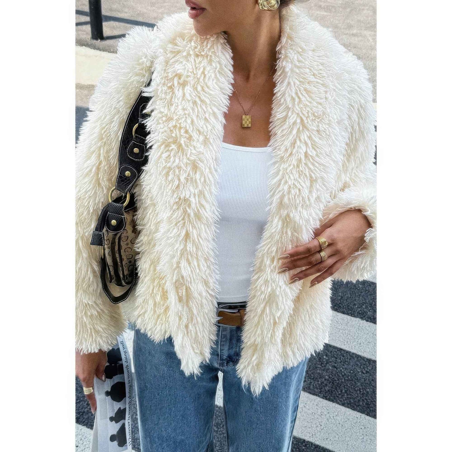 Solid Long Sleeves Elegant Faux Fur Jacket
