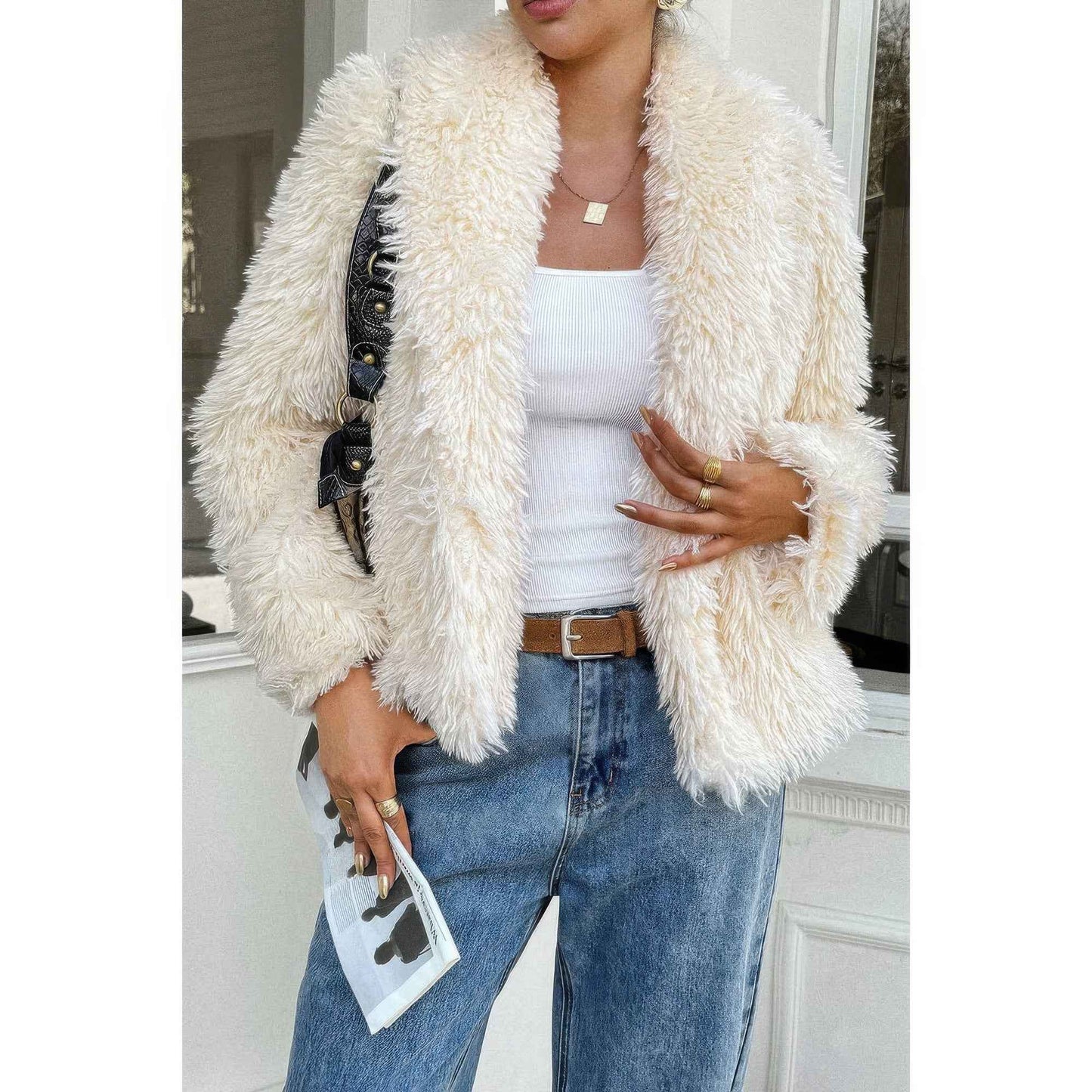 Solid Long Sleeves Elegant Faux Fur Jacket
