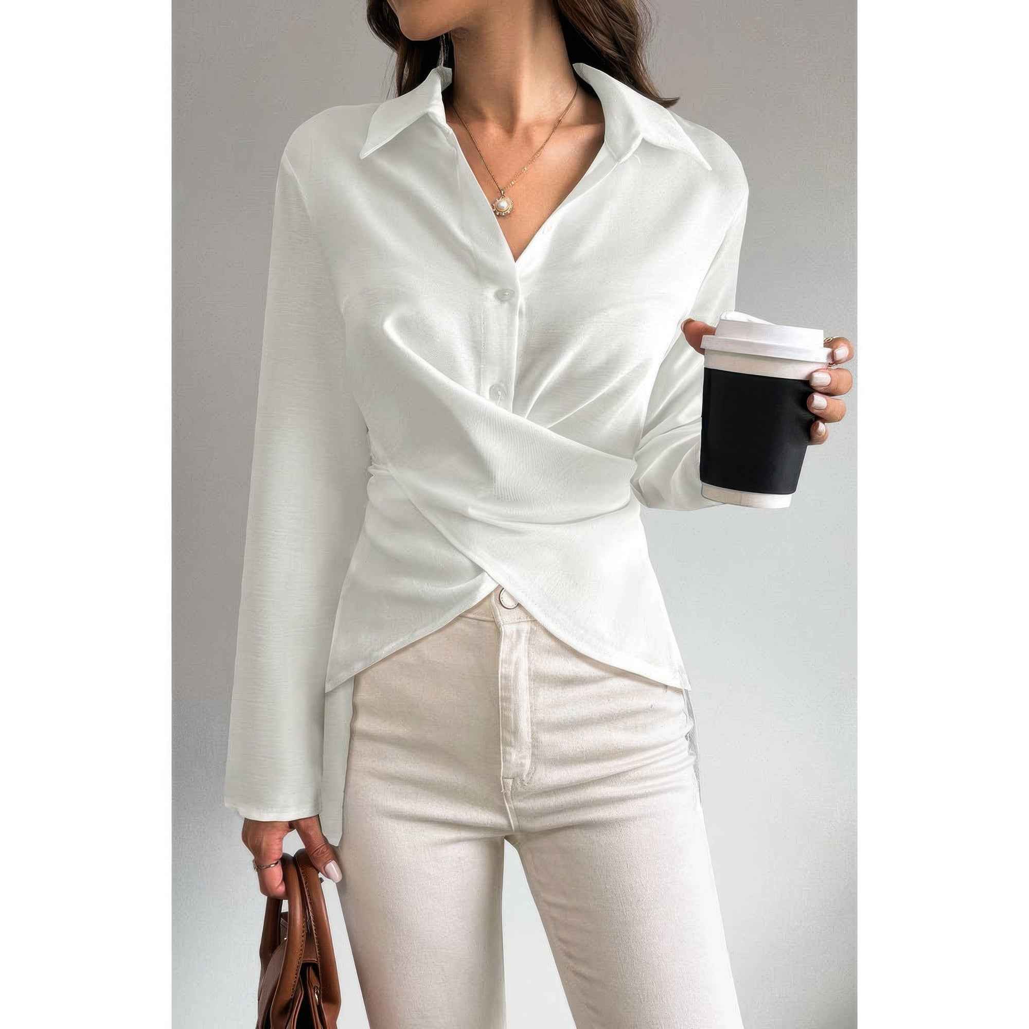 Solid Crossed Button Long Sleeve Blouse