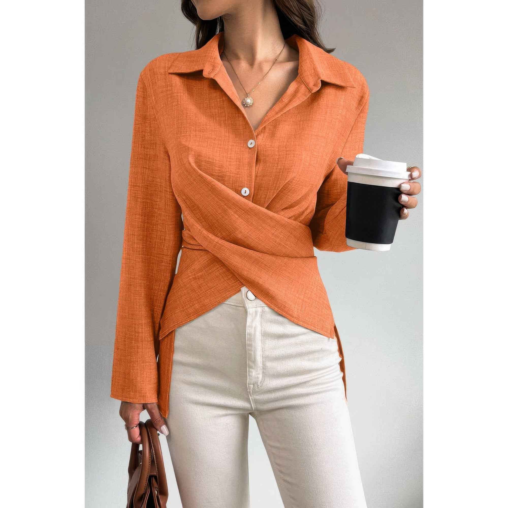 Solid Crossed Button Long Sleeve Blouse
