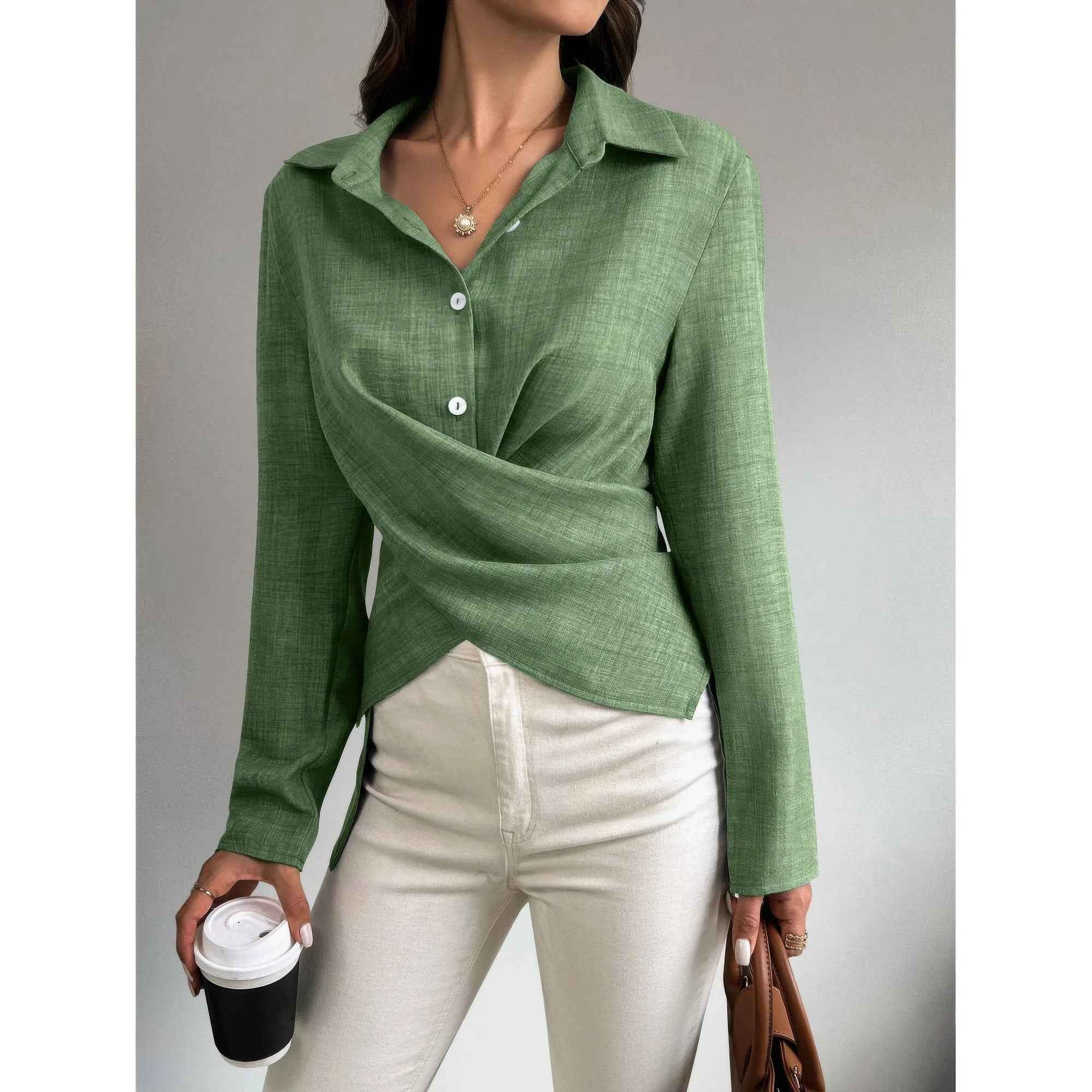 Solid Crossed Button Long Sleeve Blouse
