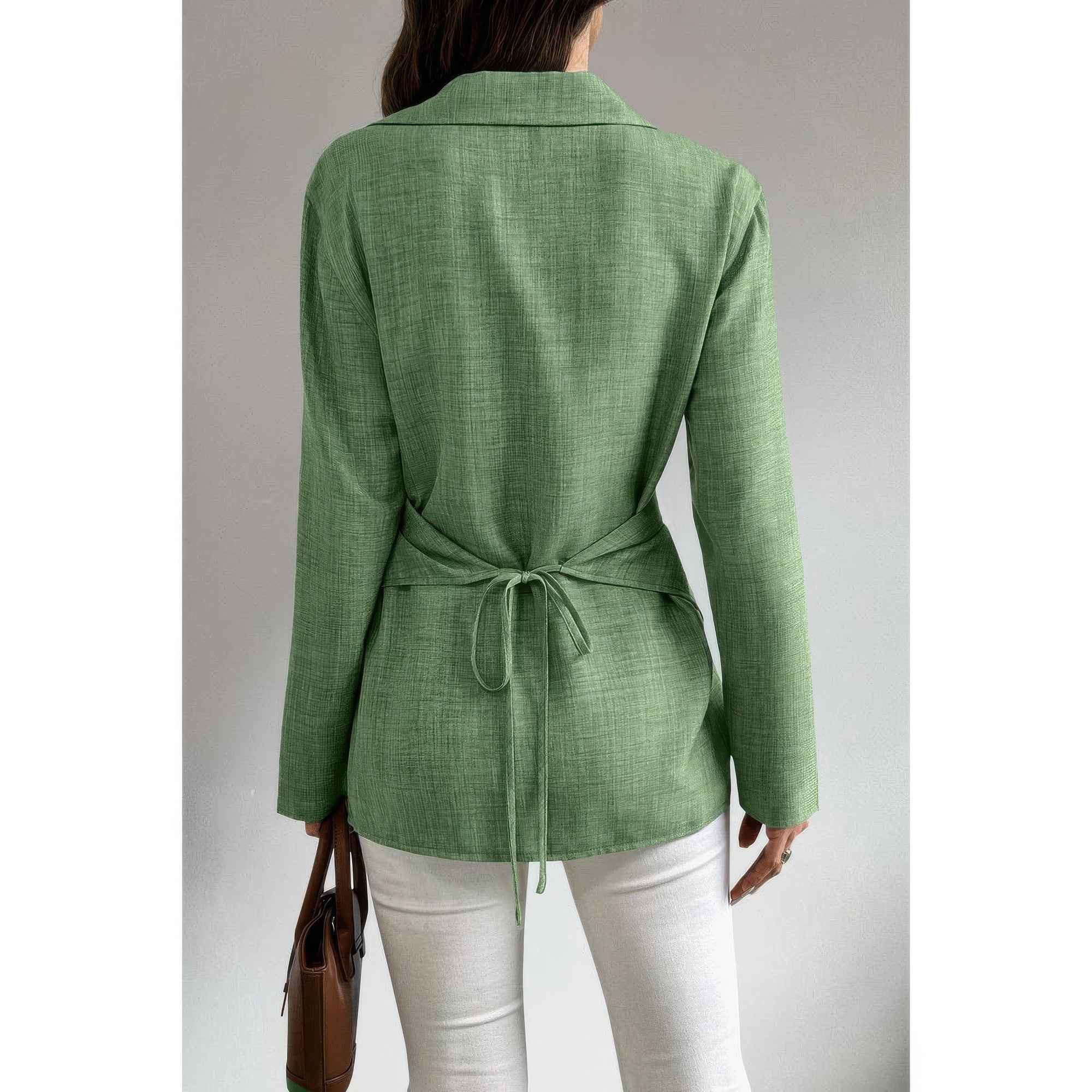 Solid Crossed Button Long Sleeve Blouse