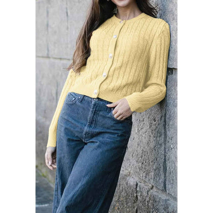 Solid Round Neck Knit Button Cable Sweater