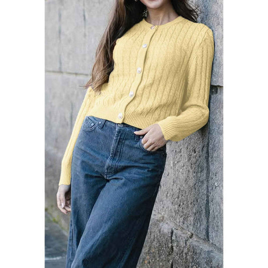 Solid Round Neck Knit Button Cable Sweater