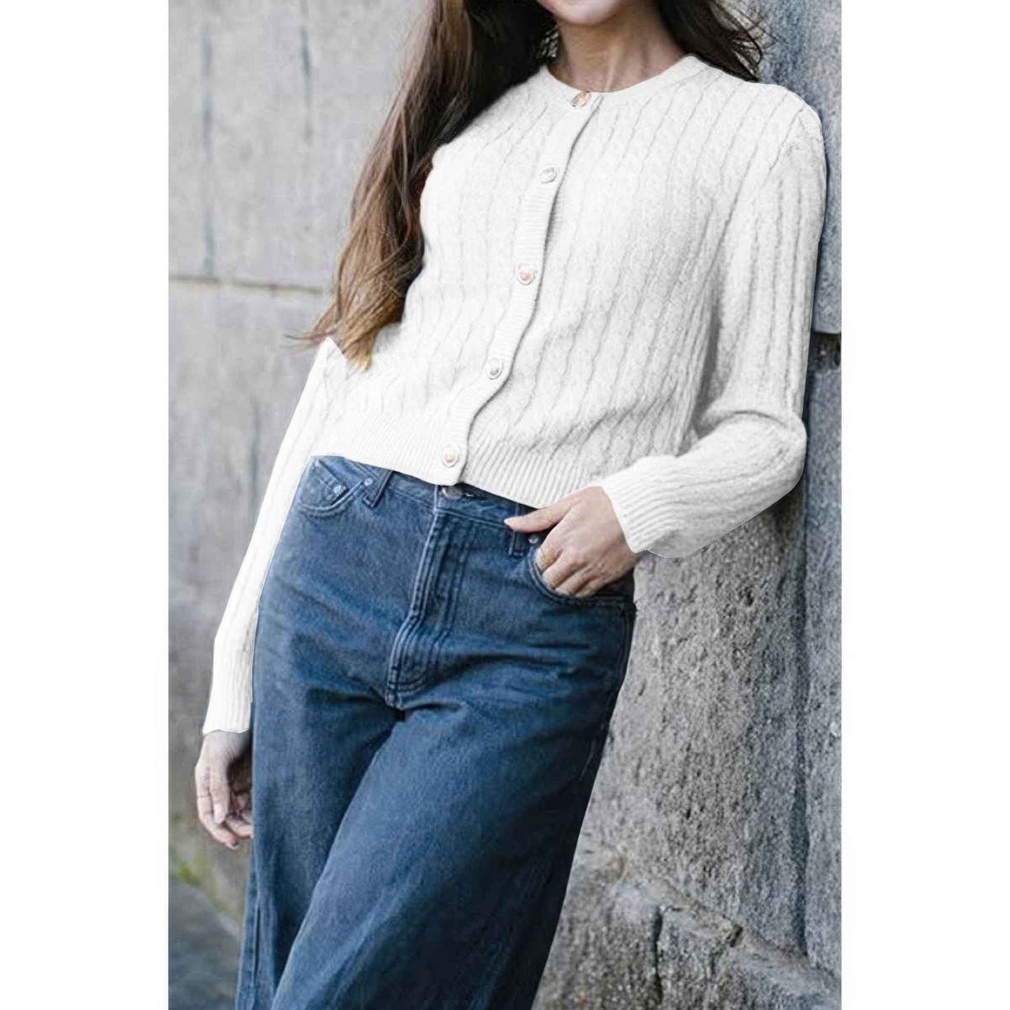 Solid Round Neck Knit Button Cable Sweater