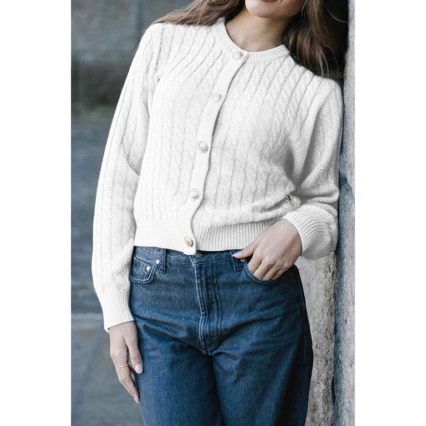 Solid Round Neck Knit Button Cable Sweater