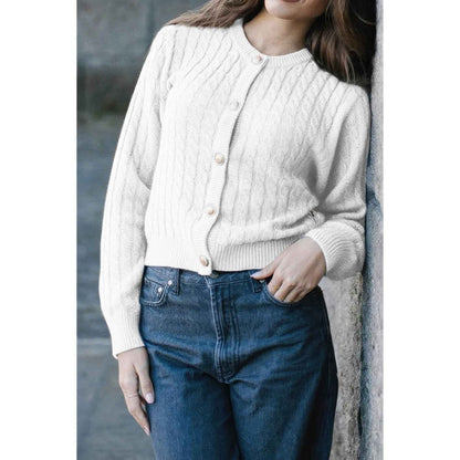Solid Round Neck Knit Button Cable Sweater