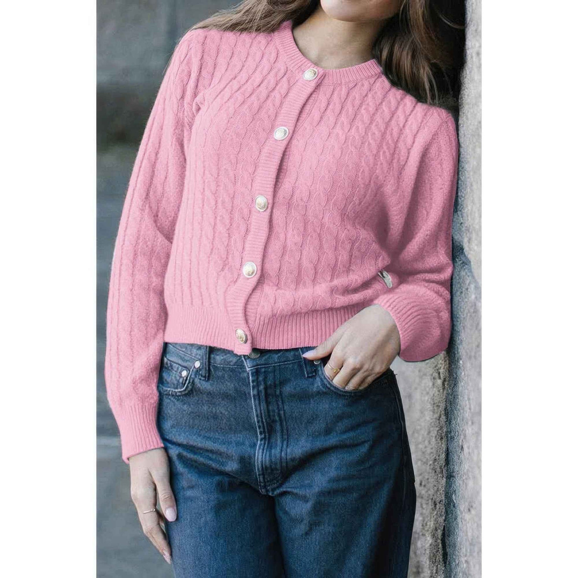 Solid Round Neck Knit Button Cable Sweater