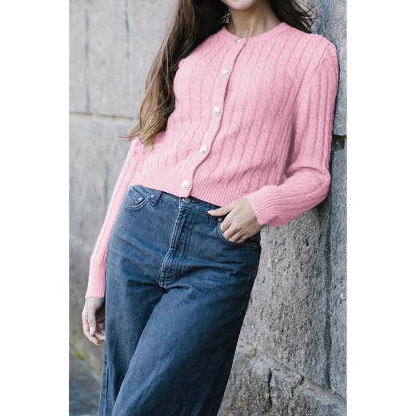 Solid Round Neck Knit Button Cable Sweater