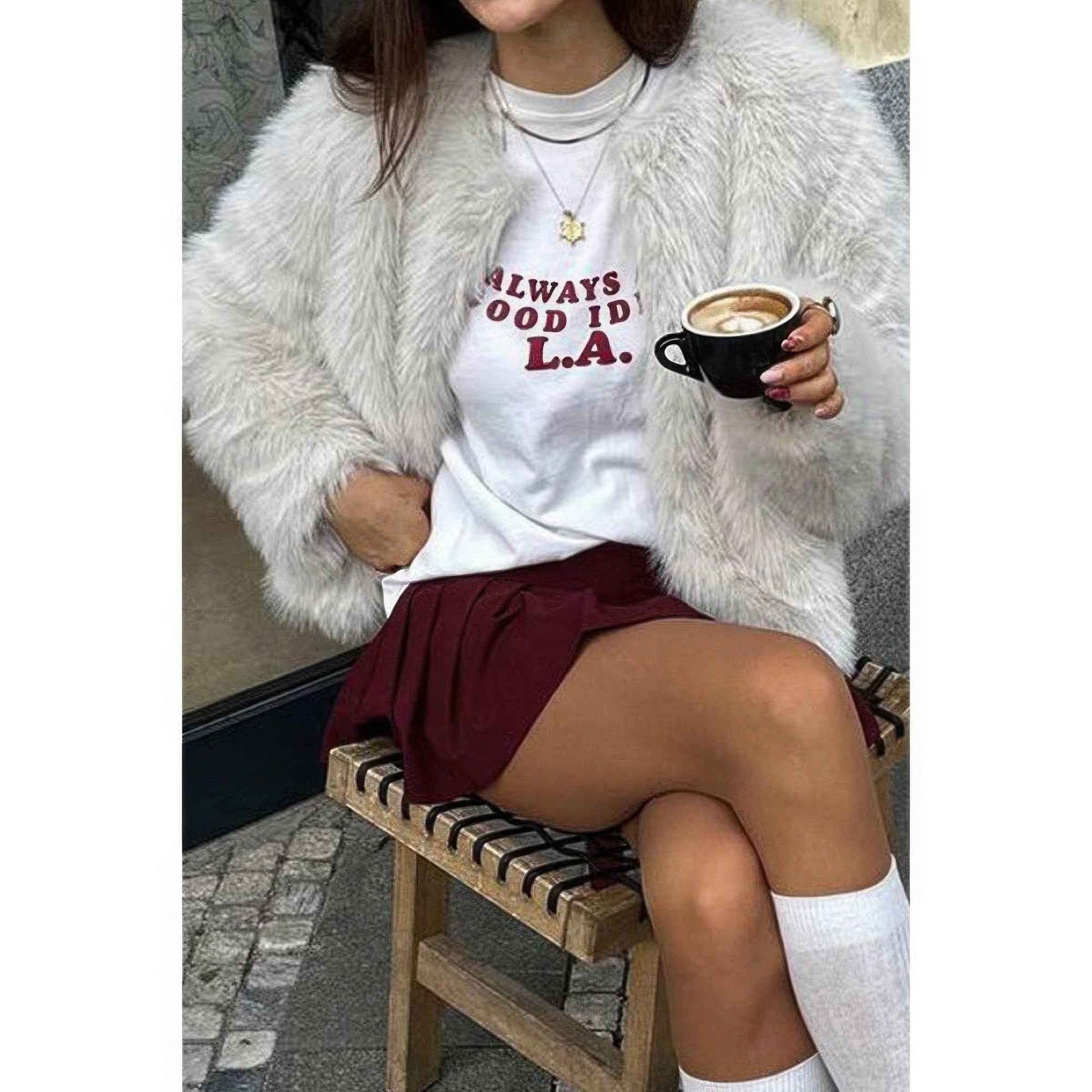 Solid Round Neck Lomh Sleeves Fluffy Jacket