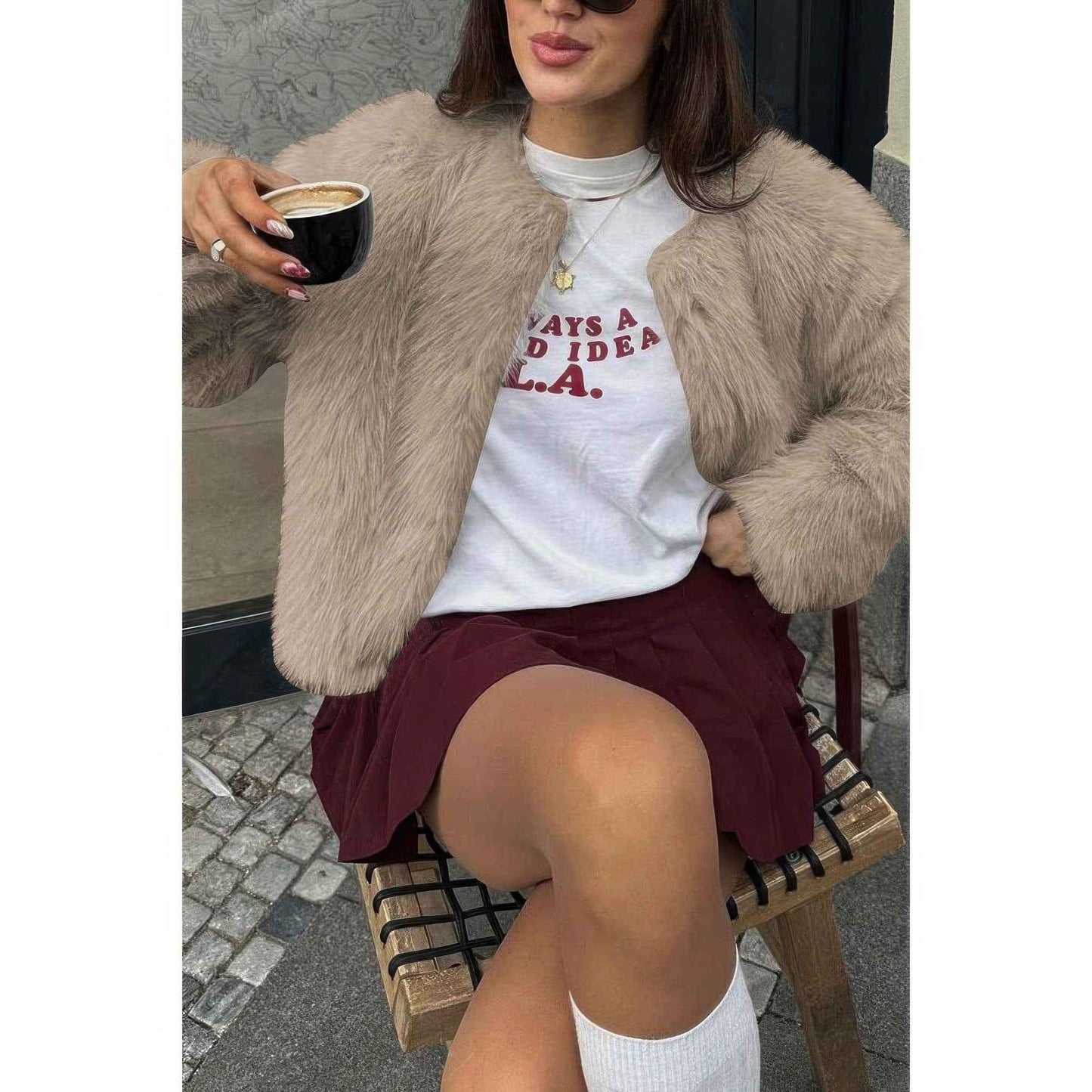 Solid Round Neck Lomh Sleeves Fluffy Jacket