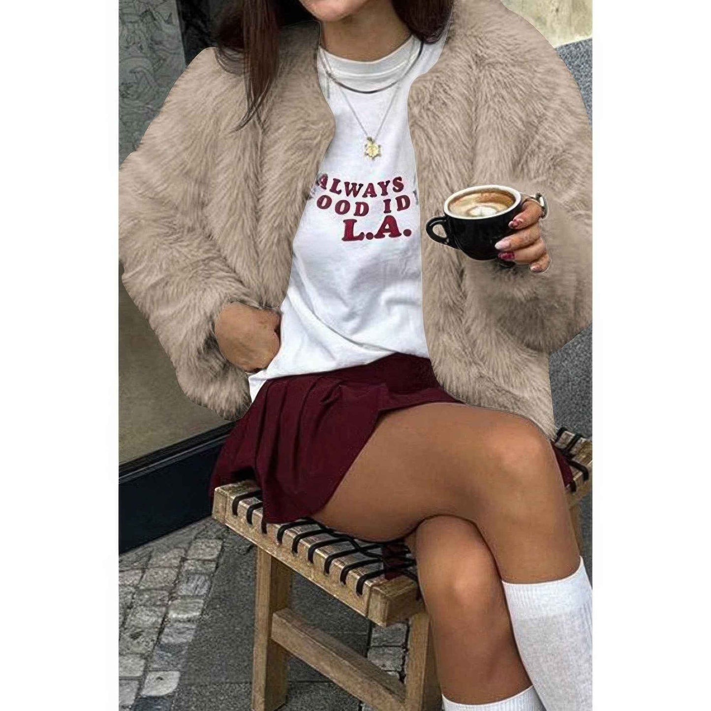 Solid Round Neck Lomh Sleeves Fluffy Jacket