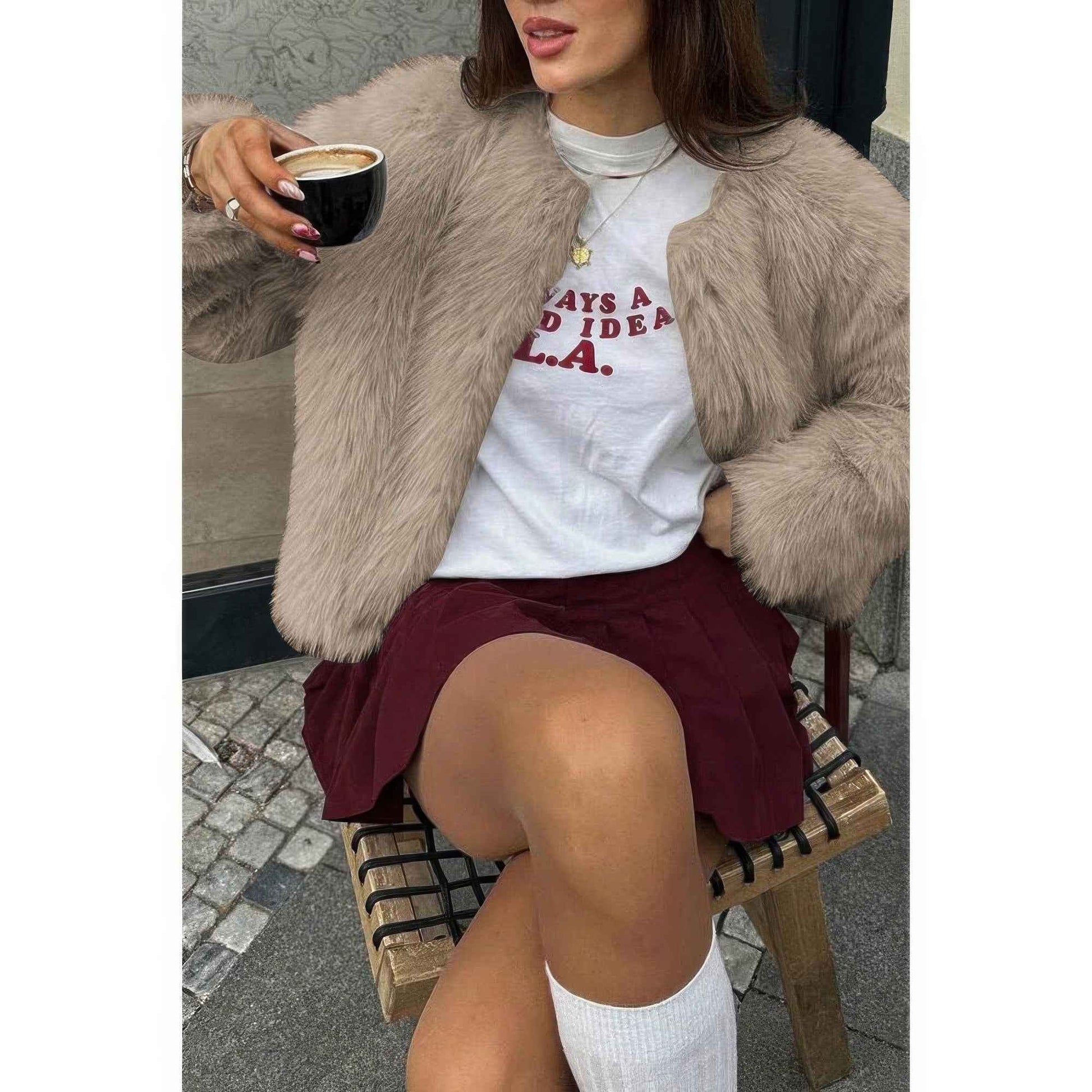 Solid Round Neck Lomh Sleeves Fluffy Jacket