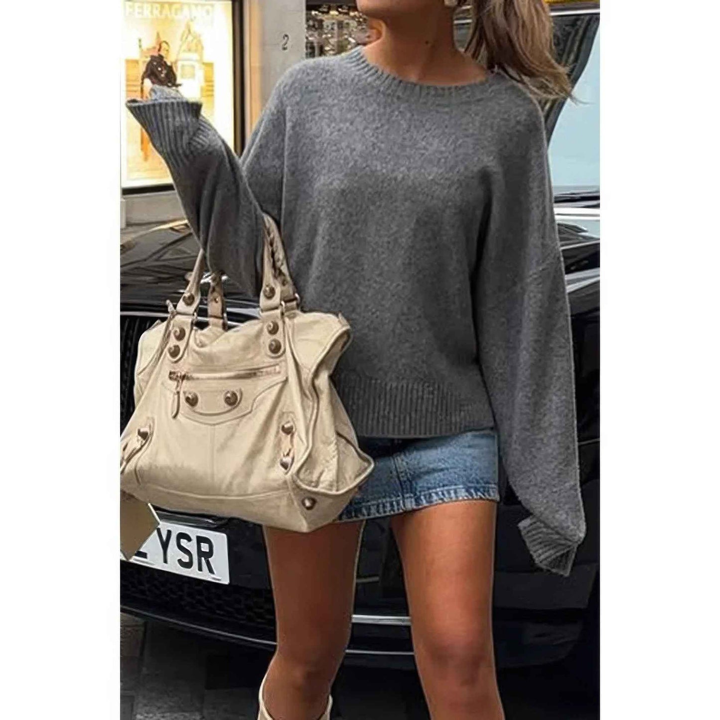 Solid Knit O Neck Long Sleeves Pullover Sweater