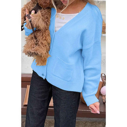 Solid Knit Button Down Pocket Loose Sweater