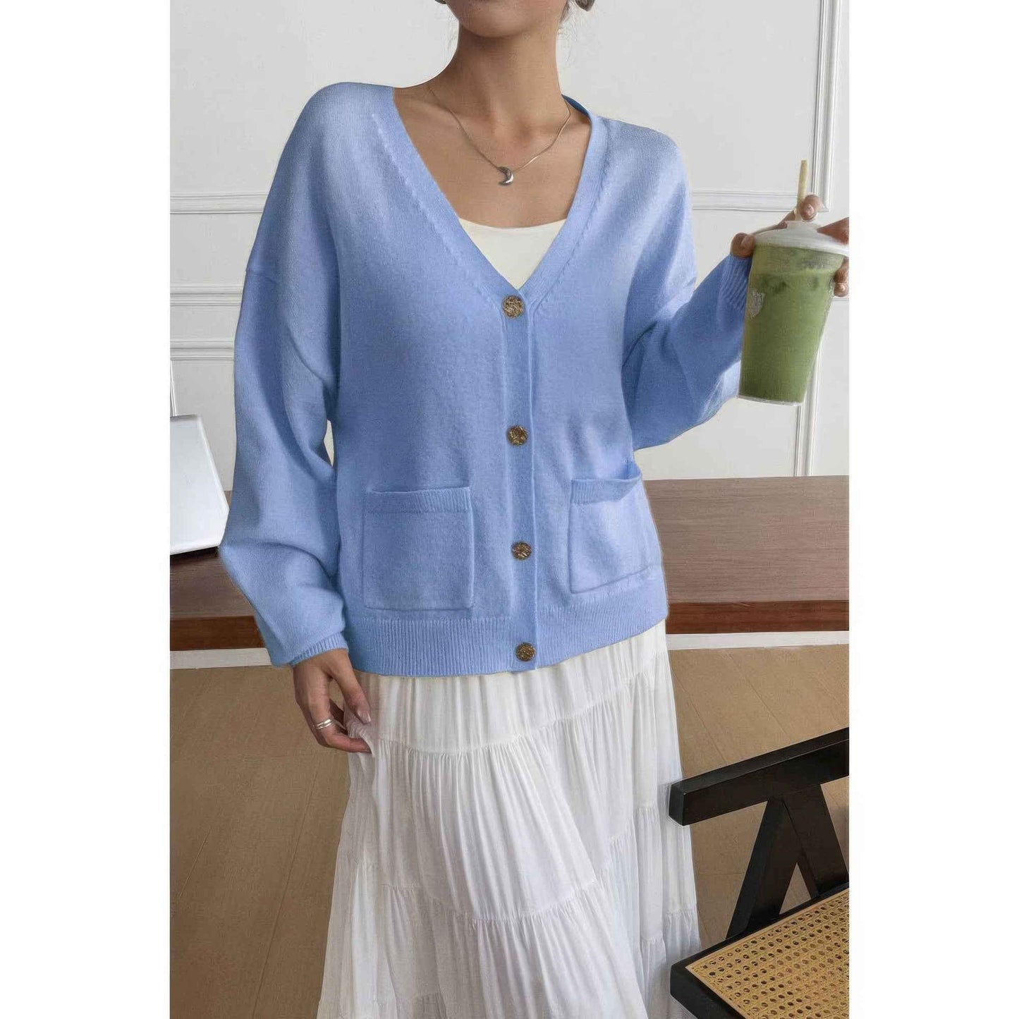 Solid Knit Button Down Pocket Loose Sweater