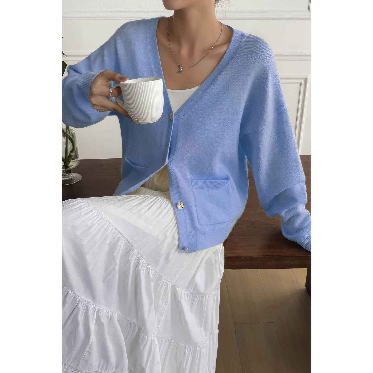 Solid Knit Button Down Pocket Loose Sweater