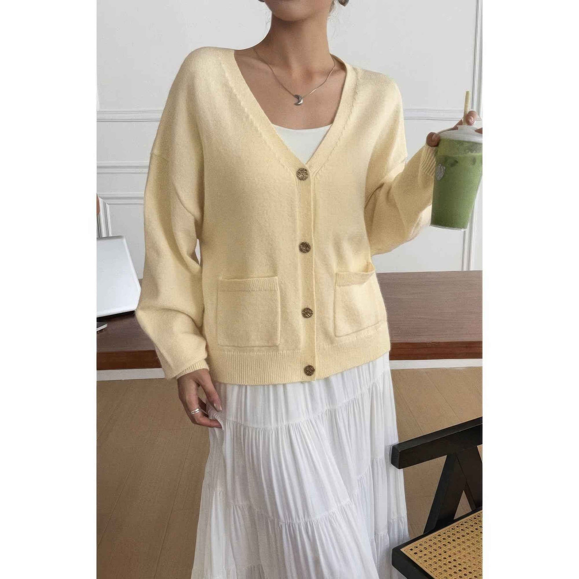 Solid Knit Button Down Pocket Loose Sweater