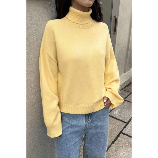 Solid Knit High Neck Drop Shoulder Sweater