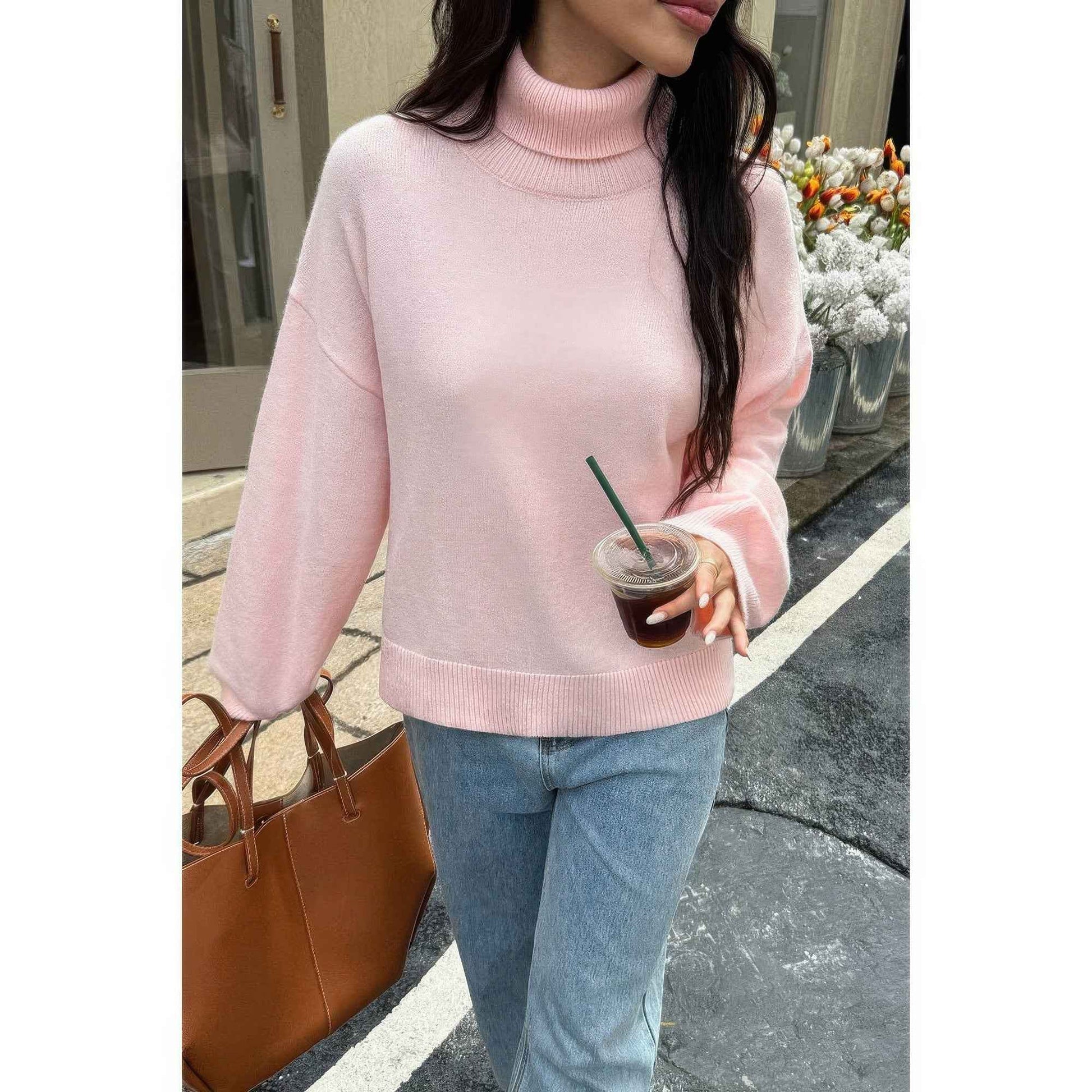 Solid Knit High Neck Drop Shoulder Sweater