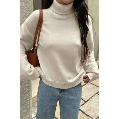 Solid Knit High Neck Drop Shoulder Sweater