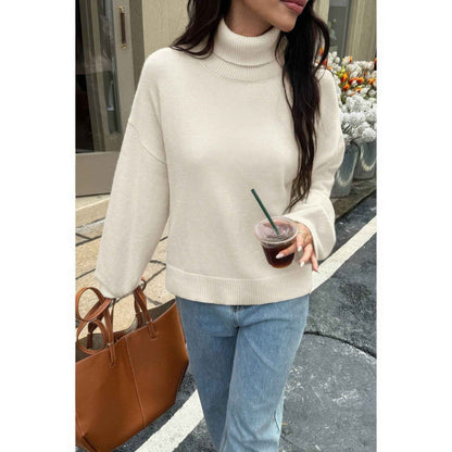 Solid Knit High Neck Drop Shoulder Sweater