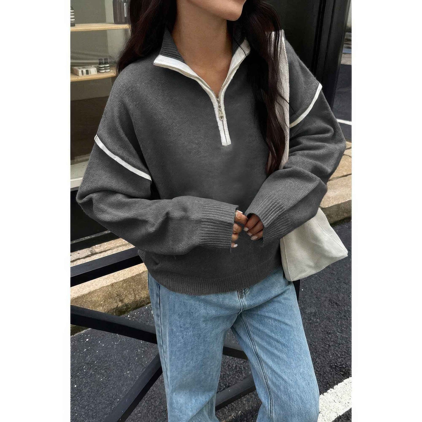 Zip Up V Neck Lapel Collar Loose Sweatshirt