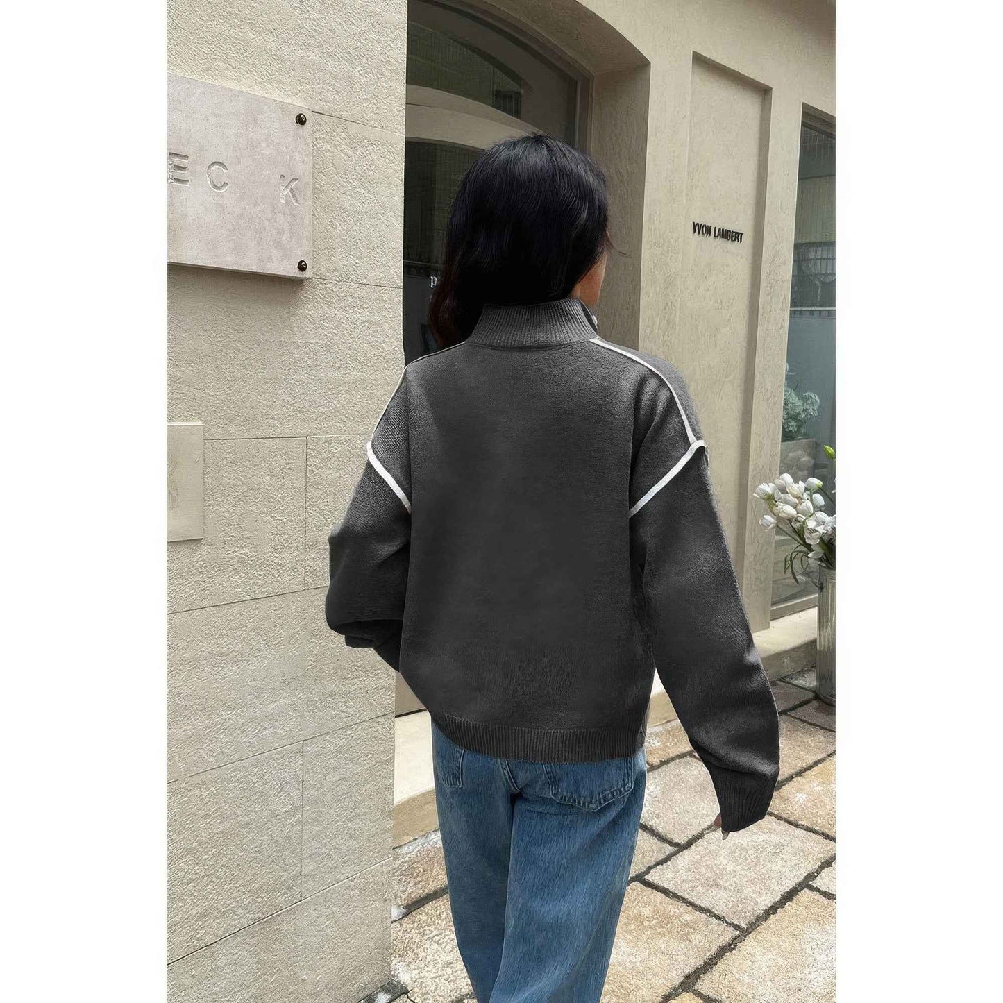 Zip Up V Neck Lapel Collar Loose Sweatshirt