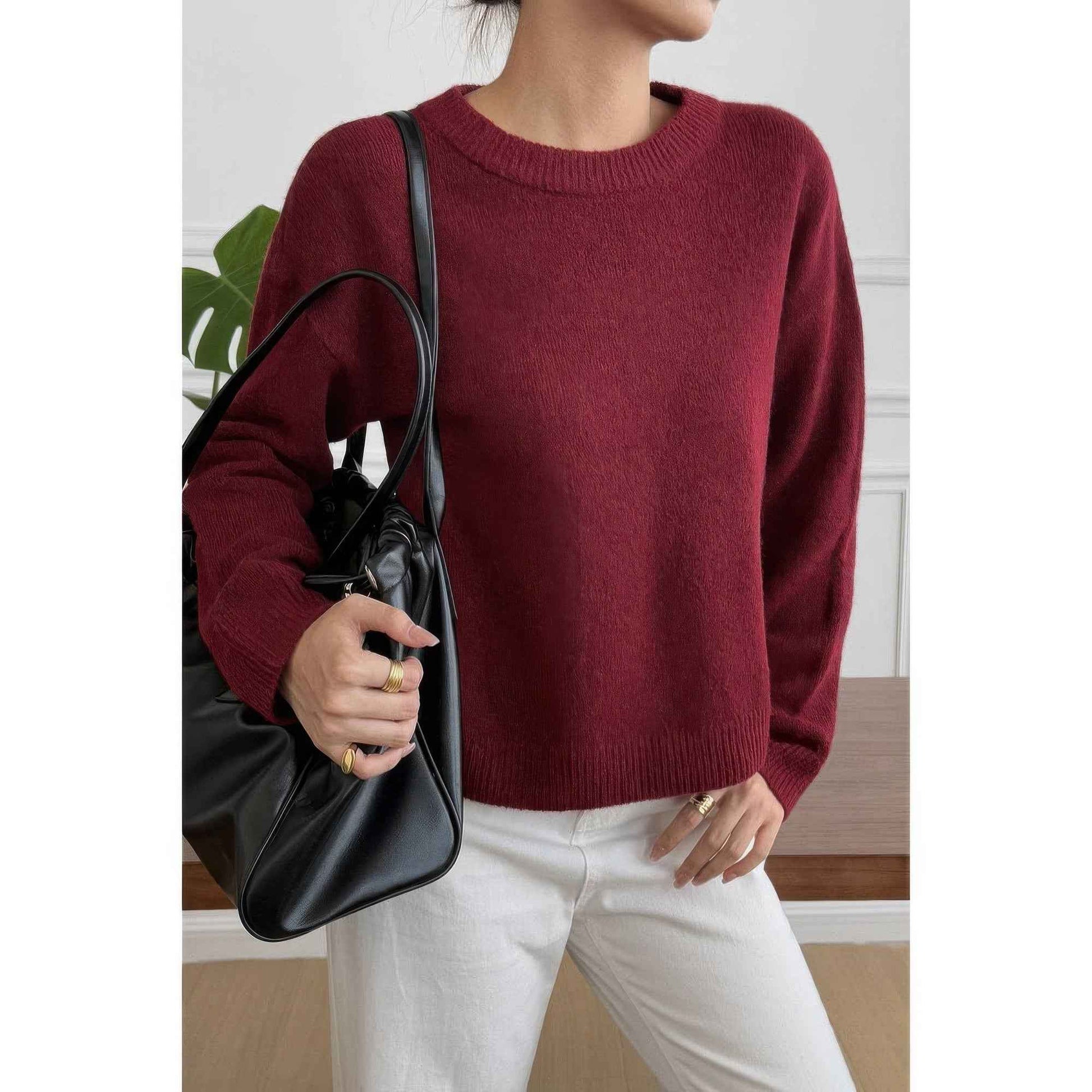 Solid Round Neck Long Sleeve Drop Shoulder Sweater