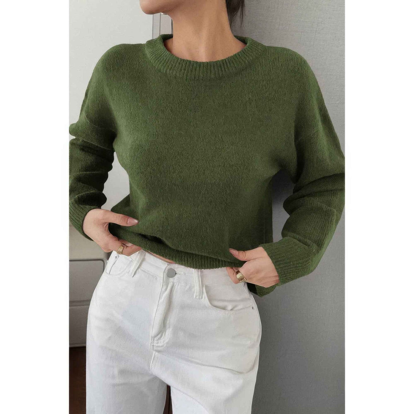 Solid Round Neck Long Sleeve Drop Shoulder Sweater