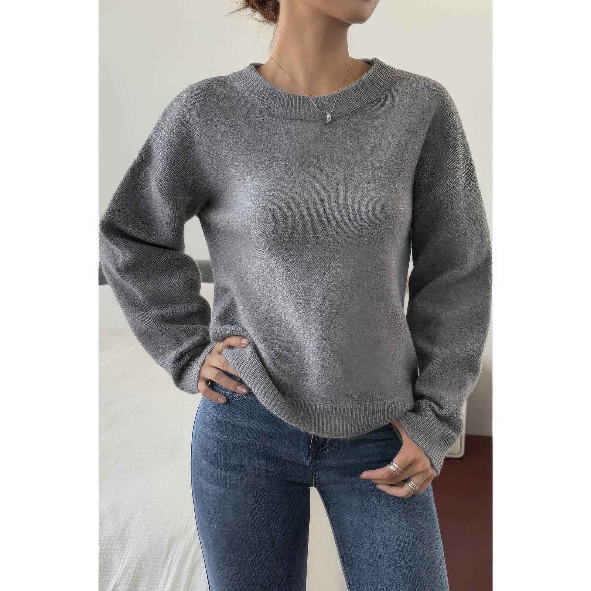 Solid Round Neck Long Sleeve Drop Shoulder Sweater