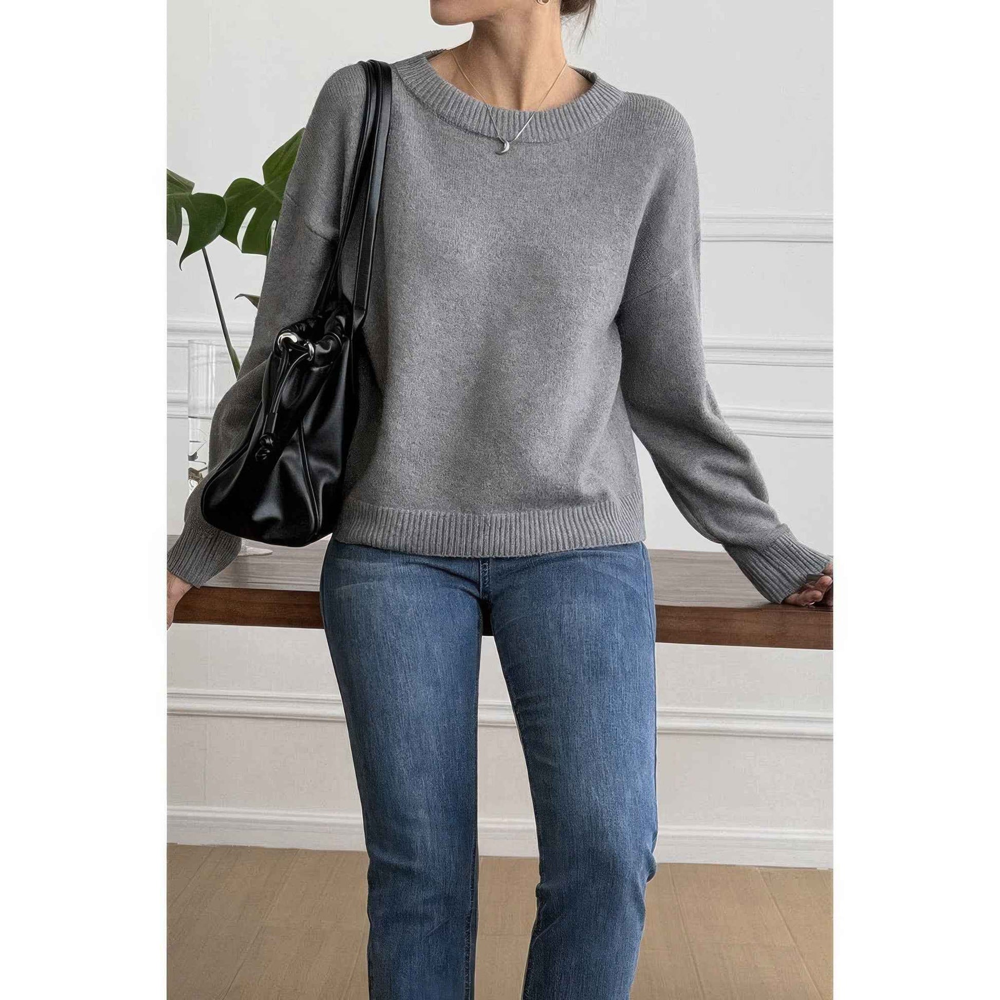 Solid Round Neck Long Sleeve Drop Shoulder Sweater