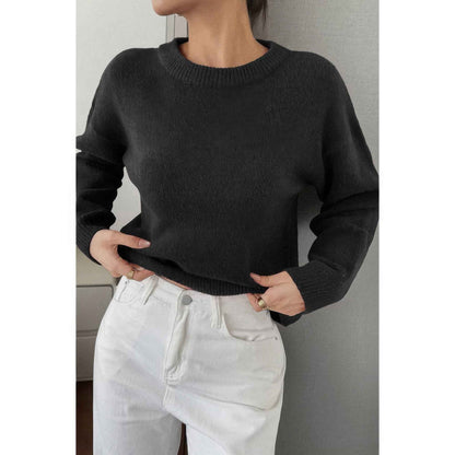 Solid Round Neck Long Sleeve Drop Shoulder Sweater