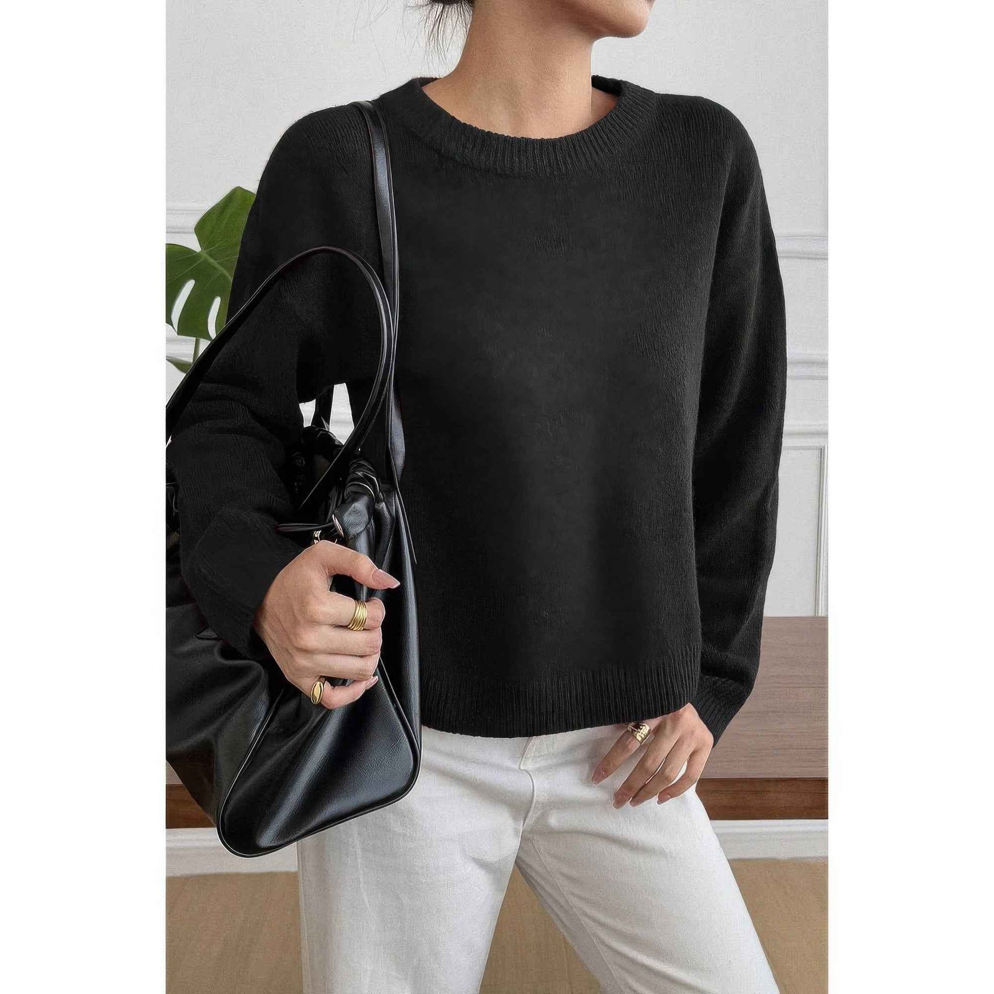 Solid Round Neck Long Sleeve Drop Shoulder Sweater