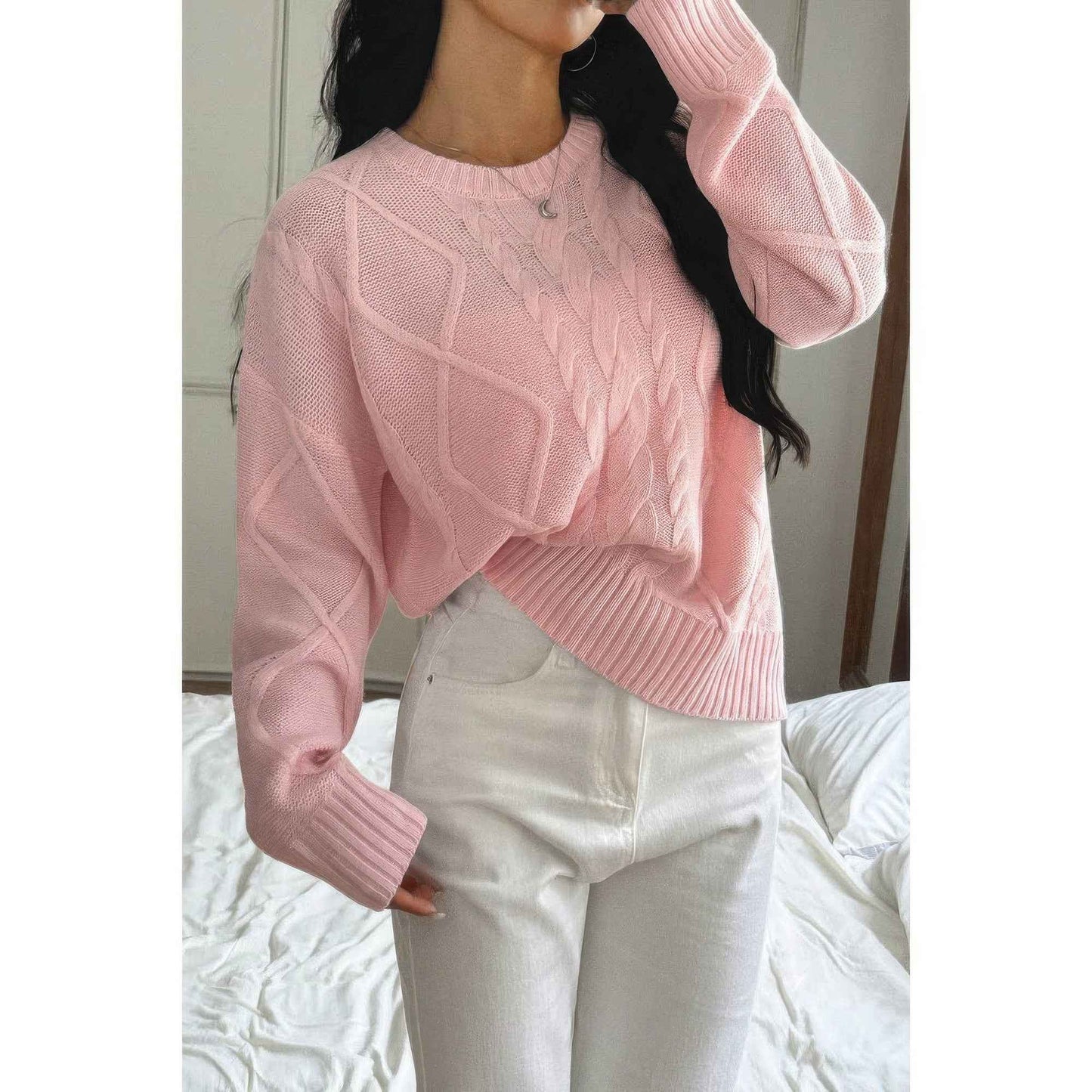 Solid Knit Crewneck Long Sleeve Loose Sweater