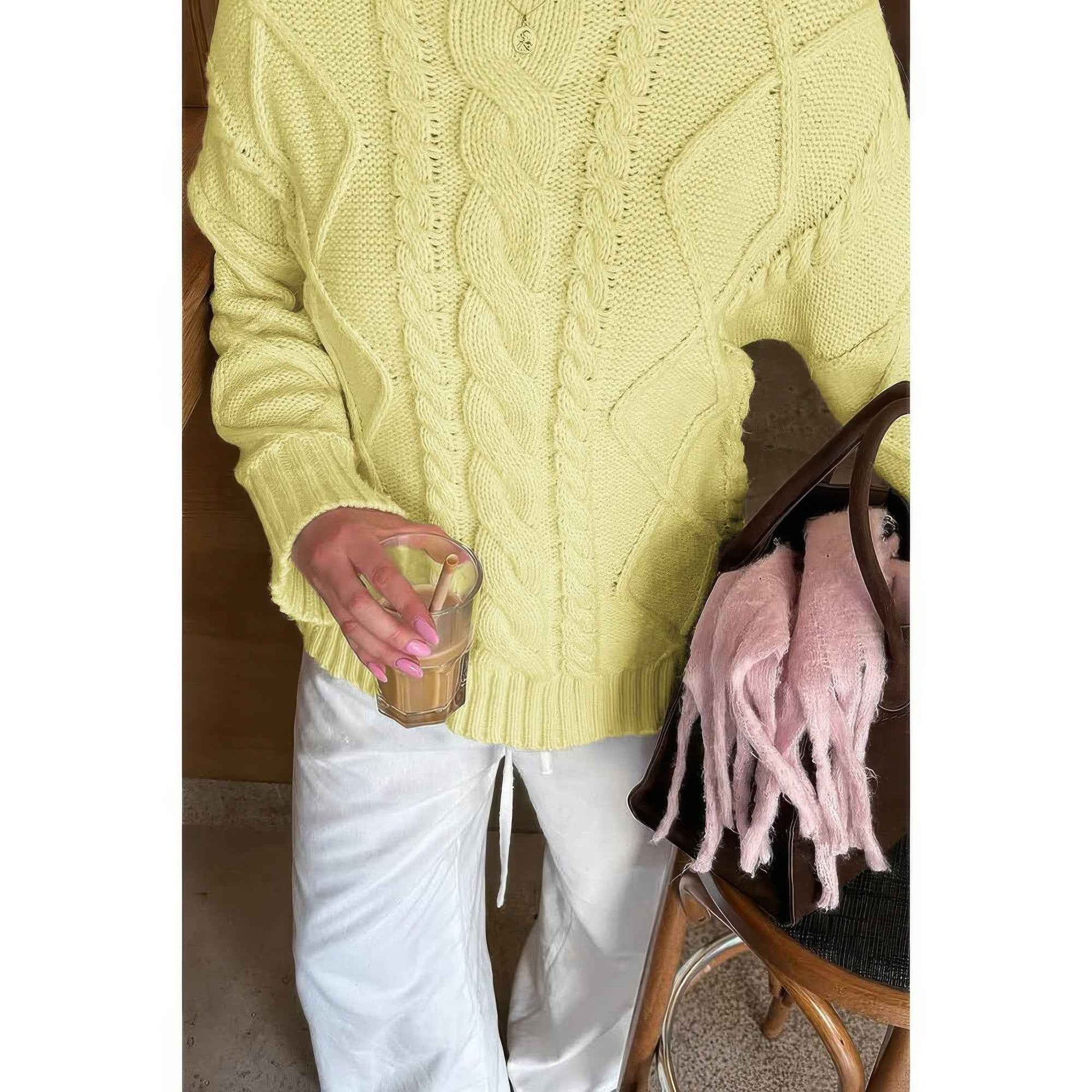 Solid Knit Crewneck Long Sleeve Loose Sweater