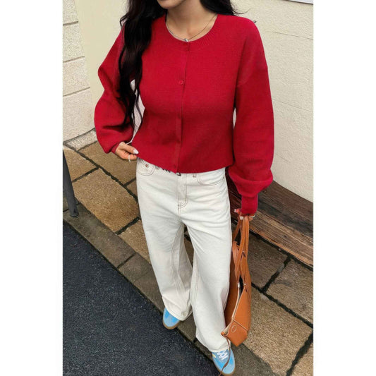 Knit Solid Round Neck Button Down Cardigan