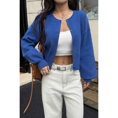 Knit Solid Round Neck Button Down Cardigan