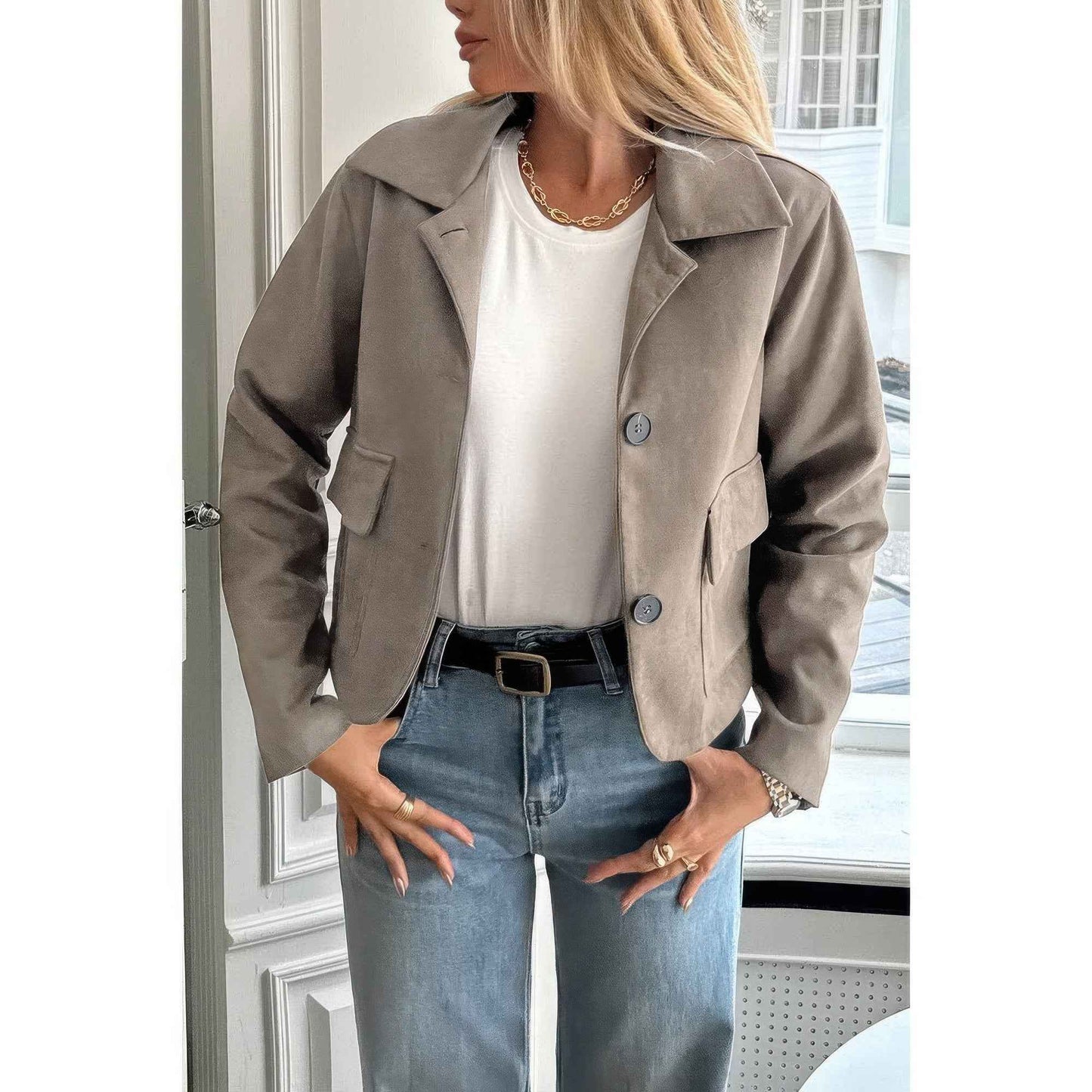 Solid Suit Lapel Faux Suede Leather Jacket