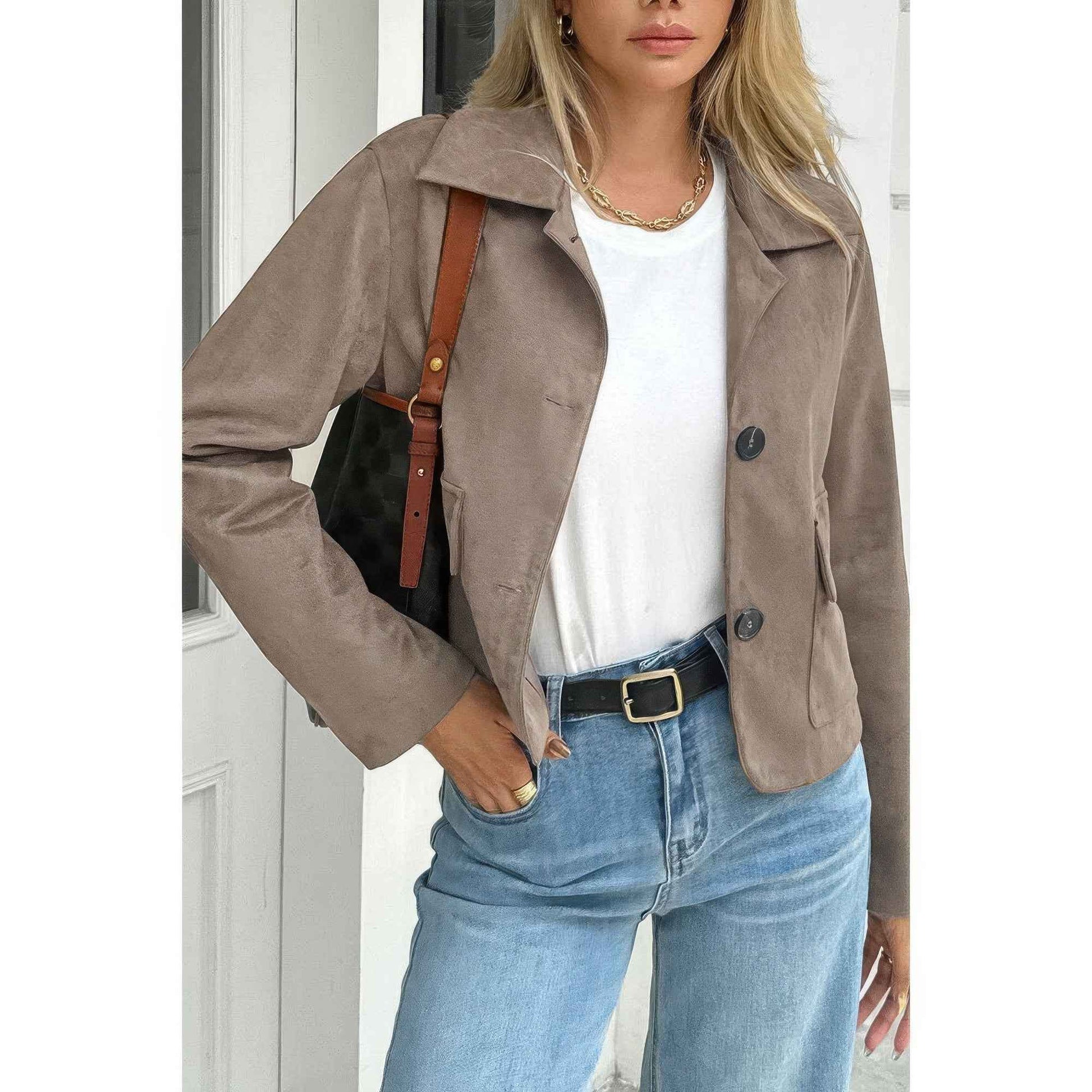 Solid Suit Lapel Faux Suede Leather Jacket