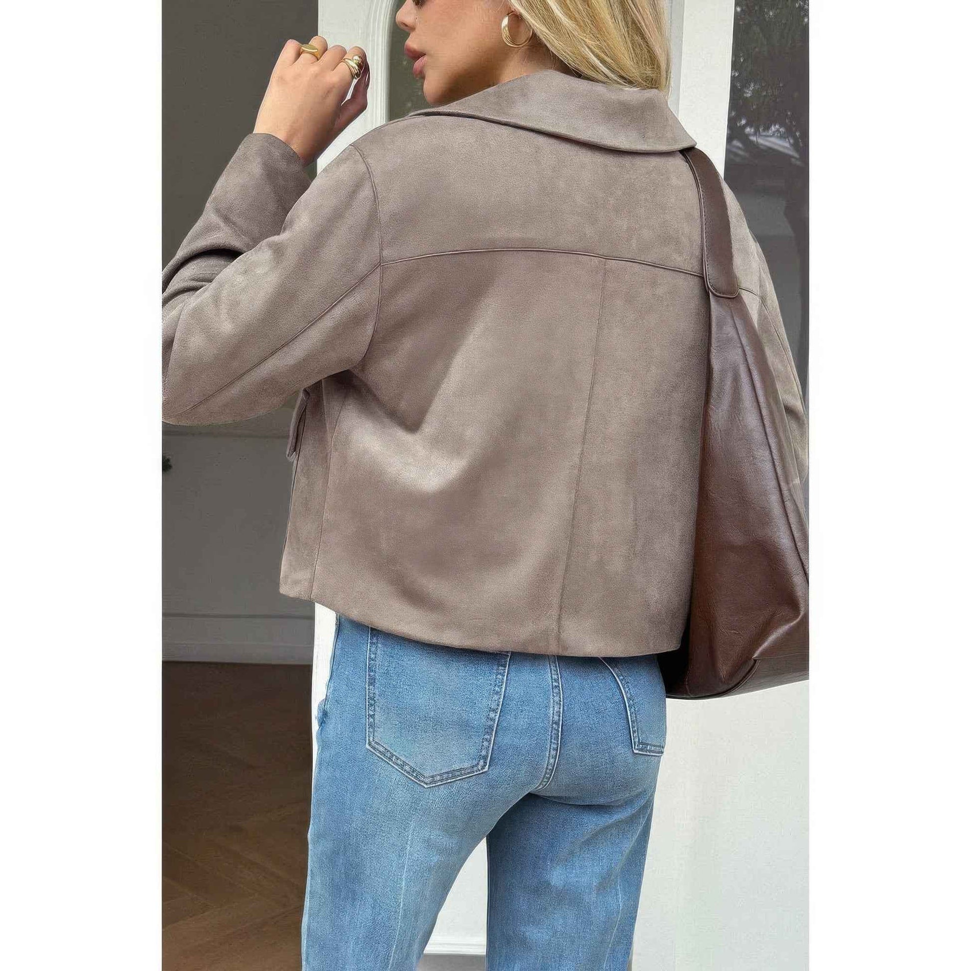 Solid Suit Lapel Faux Suede Leather Jacket