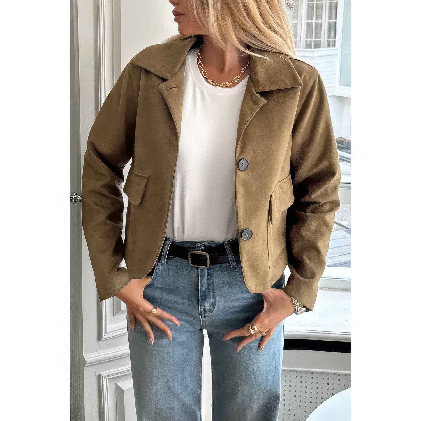 Solid Suit Lapel Faux Suede Leather Jacket