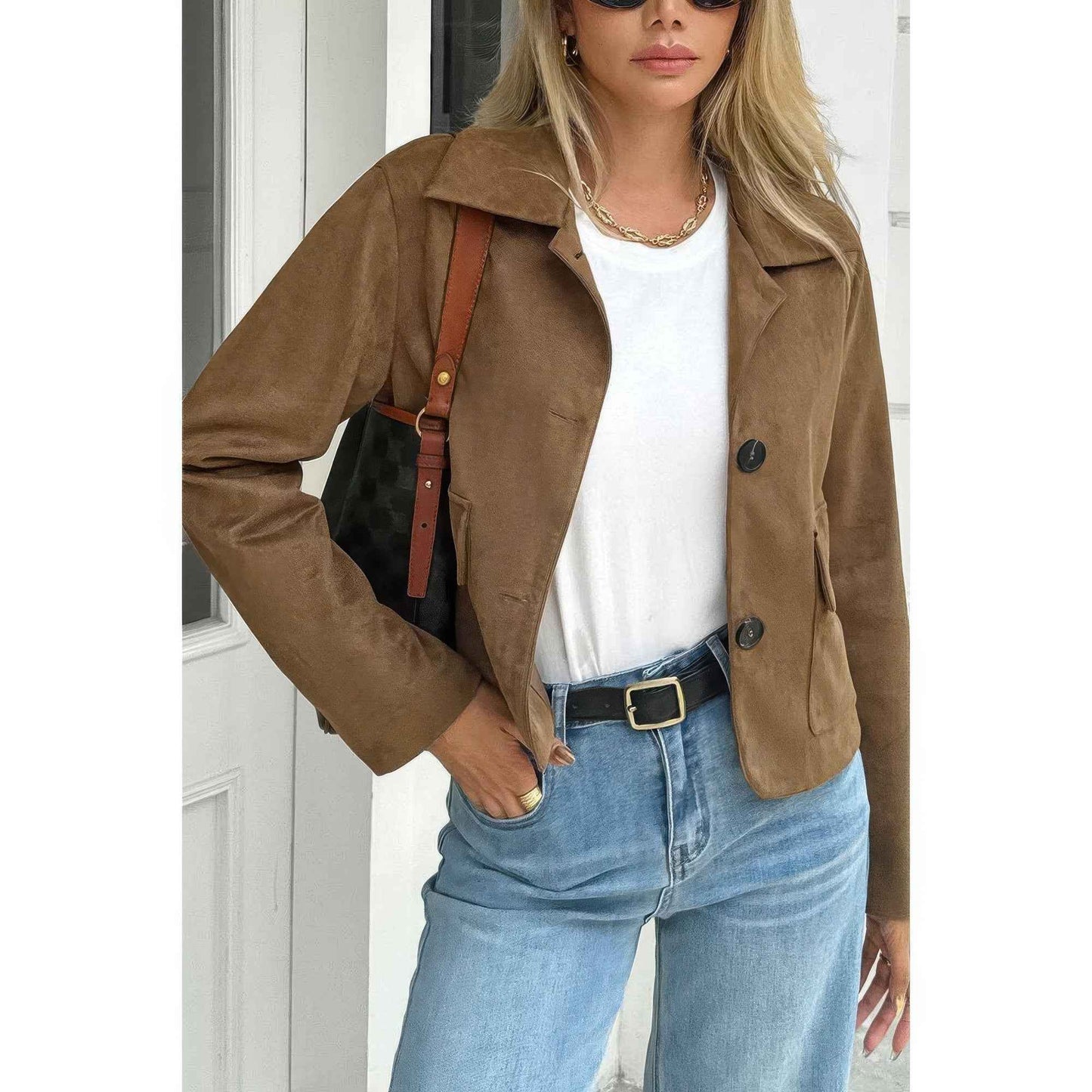 Solid Suit Lapel Faux Suede Leather Jacket