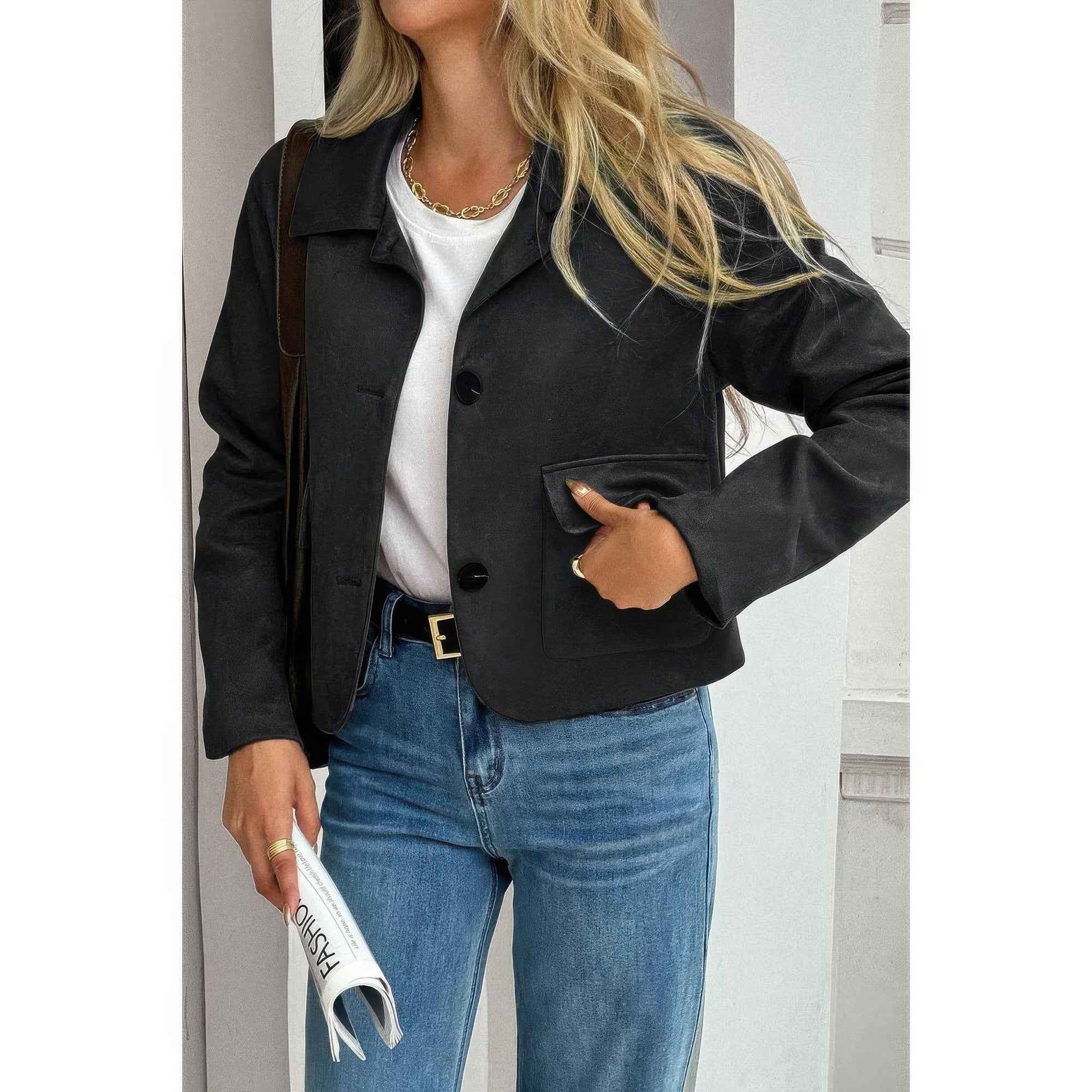 Solid Suit Lapel Faux Suede Leather Jacket